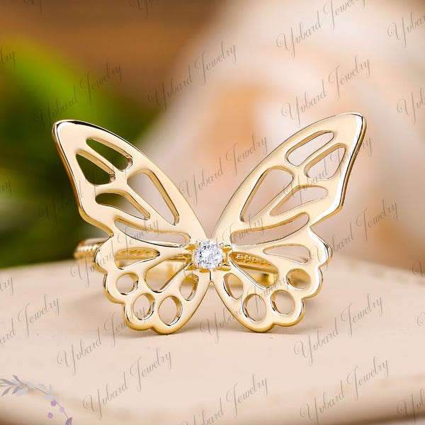 Natural Diamond Yellow Gold Butterfly Ring, Promise Ring Engagement Ring, Cocktail Party Ring, Gold Jewelry, Unique Anniversary Gift For Her