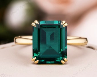 Emerald Cut Lab Created Emerald Solitaire Ring Yellow Gold Minimalist Ring Statement Art Deco Ring May Birthstone Anniversary Gift for Her