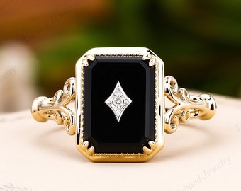Natural Black Onyx Ring Vintage Real Diamond Solid 18K/14K/10K Two Tone Gold Art Deco Flower Ring Handmade Ring Bridal Anniversary Gift Ring