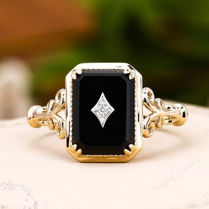 Natural Black Onyx Ring Vintage Real Diamond Solid 18K/14K/10K Two Tone Gold Art Deco Flower Ring Handmade Ring Bridal Anniversary Gift Ring