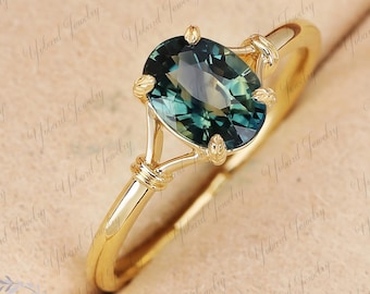 Anello di fidanzamento con zaffiro verde acqua Nautarl, anello di fidanzamento solitario in oro giallo massiccio, anello di anniversario con zaffiro blu verde ovale a foglia