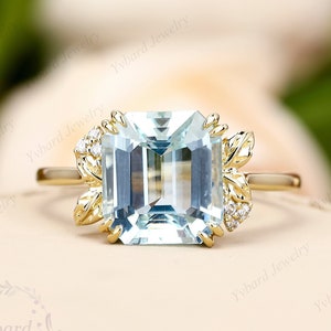 4.6ct Emerald Cut Natural Aquamarine Engagement Ring  Solid Yellow Gold Anniversary Ring For Her Luxury Gemstone Ring Unique Art Deco Ring