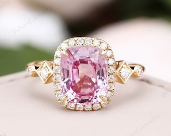 Solid Rose Gold Pink Morganite Rings For Women 7*9mm Cushion Morganite Engagement Ring Halo Ring Moissanite Accent Ring Promise Bridal Ring