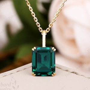 8*10mm Emerald Cut Green Emerald Pendant Minimalist Solid 14K/18K Yellow Gold Pendant Necklace For Women Wedding Jewelry May Birthstone