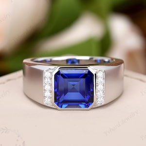 18K 14K 10K Solid White Gold Lab Created Sapphire Ring Men Gold Ring Gemstone Anniversary Rings Engagement Ring Wedding Ring Gift for Him Etsy