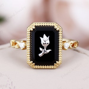 Solid Gold Flower Diamond Ring Vintage Black Onyx Engegement Ring Unique Nature Inspired Ring Floral Wedding Ring For Women Anniversary Gift