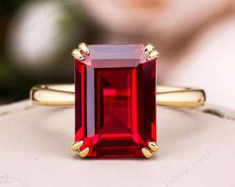 Emerald Cut Lab Created Ruby Solitaire Ring Yellow Gold Minimalist Ring Statement Art Deco Jewelry July Birthstone Anniversary Gift for Her