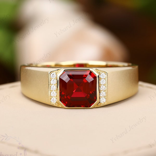 18K/14K/10K Solid Yellow Gold Lab Created Ruby Ring For Men Gold Band Red Gemstone Statement Rings Engagement Ring Wedding Ring Gift For Him