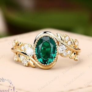 Oval Emerald Engagement Ring Yellow Gold Moissanite Ring Unique Twig Leaf Ring Nature Inspired Ring Green Gemstone Wedding Bridal Ring Women