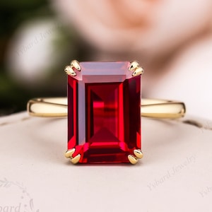 Emerald Cut Lab Created Ruby Solitaire Ring Yellow Gold Minimalist Ring Statement Art Deco Jewelry July Birthstone Anniversary Gift for Her