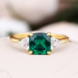 2.05CT Lab Created Emerald Engagement Ring Solid Yellow Gold / Silver Bridal Ring Delicate Moissanite Three Stone Ring Anniversary Ring Gift