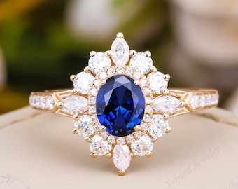 Oval Cut Lab Created Sapphire Engagement Wedding Ring Solid 14K Gold Moissanite Halo Art Deco Ring Blue Gemstone Anniversary Bridal Ring
