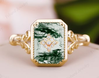 Vintage Moss Agate Engagement Ring Diamond Wedding Ring For Women Art Deco Flower Ring Solid Yellow Gold Bridal Anniversary Gift Ring