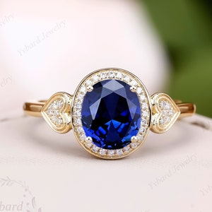 1.5ct Oval Cut Blue Sapphire Engagement Ring Solid Yellow Gold Bridal Ring Art Deco Moissanite Halo Ring Woman Cluster Gemstone Wedding Ring