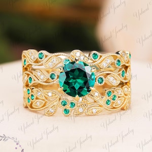 3pcs 14K Yellow Gold Engagement Ring Set Lab Diamond Emerald Bridal Wedding Set Art Deco Leaf Promise Ring Gemstone Anniversary Gift For Her
