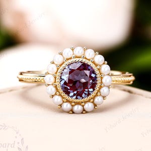 Alexandriet verlovingsring massief 10K/14K/18K geelgouden edelsteen natuurlijke parel Halo ring trouwring trouwring Art Deco verjaardagsring