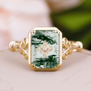 Vintage Moss Agate Engagement Ring Diamond Wedding Ring For Women Art Deco Flower Ring Solid Yellow Gold Bridal Anniversary Gift Ring