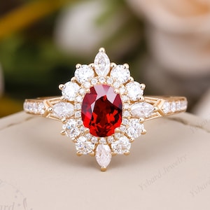Oval Cut Lab Created Ruby Engagement Wedding Ring Solid 14K Gold Moissanite Halo Art Deco Ring Red Gemstone Anniversary Promise Ring