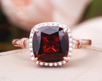 Unique 5CT Natural Garnet Ring Moissanite Halo Solid 14K Rose Gold  Engagement Ring Gemstone Wedding Promise Rings for Women Anniversary Gift