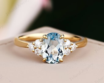 Oval Cut Aquamarine Engagement Ring Natural Diamond Cluster Bridal Wedding Rings For Women Unique Solid Gold Gemstone Anniversary Ring Gift