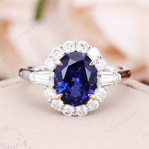 Blue Sapphire Ring 8*10mm Oval Lab Created Sapphire Engagement Ring Solid 14K Two Tone Gold Ring Moissanite Halo Classic Gemstone Ring Gift