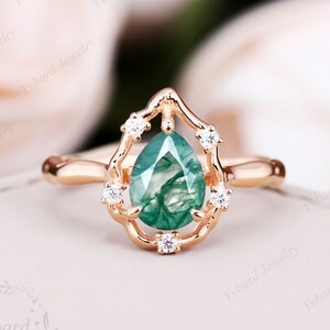 Green Moss Agate Engagement Ring Teardrop Solid Rose Gold Ring Pear Cut Moss Agate Wedding Ring Art Deco Dainty Bridal Ring Anniversary Gift