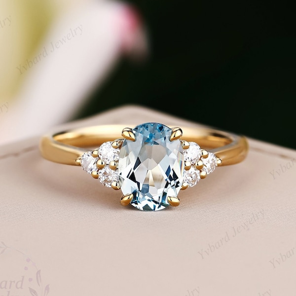 Oval Cut Aquamarine Engagement Ring Natural Diamond Cluster Bridal Wedding Rings For Women Unique Solid Gold Gemstone Anniversary Ring Gift