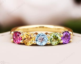 Natural Colored Gemstone Ring Women Solid Gold Engagement Ring Tourmaline Citrine Topaz Peridot Amethyst Rainbow Wedding Band Anniversary