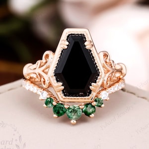 Unique Coffin Shaped Natural Black Onyx Ring Set Vintage Solid Rose Gold Engagement Ring Set For Women Moss Agate Matching Wedding Ring Set