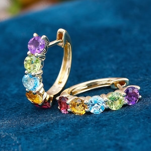 Natürliche Bunte Edelstein Creolen Solide 14K Gelbgold Ohrringe Hochzeit Multi Edelstein Ohrringe Zierliche Ohrringe Frauen Geschenk