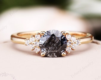 6.5mm 1.0ct Round Salt and Pepper Moissanite Engagement Rings For Women Solid Yellow Gold Art Deco Bridal Ring Cluster Wedding Promise Ring