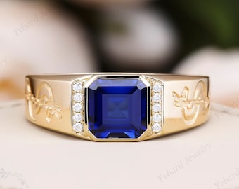 Blue Sapphire Men Ring 18K/14K/10K Yellow Gold Engagement Rings For Men Gold Ring Gentlemans Bands Wedding Ring Anniversary Gift For Him