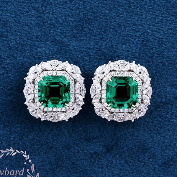 Asscher Cut Emerald Stud Earrings Solid 14K White Gold Wedding Earrings, Moissanite Halo May Birthstone Earrings for Women Art Deco Earrings