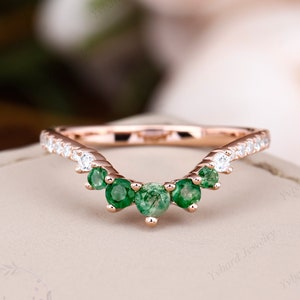 Vintage Natural Moss Agate Matching Wedding Band Moissanite Curved Band Solid Rose Gold Ring Art Deco Stackable Ring For Women Promise Ring