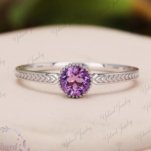 Delicate Amethyst Ring, Round Natural Amethyst Solitaire Ring, 14K White Gold Promise Ring,February Birthstone,Anniversary Gift Bridal Ring