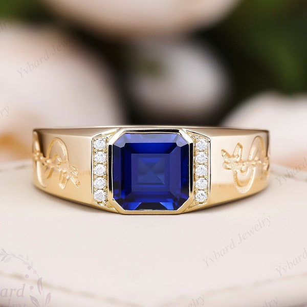 Blue Sapphire Men Ring 18K/14K/10K Yellow Gold Engagement Rings For Men Gold Ring Gentlemans Bands Wedding Ring Anniversary Gift For Him