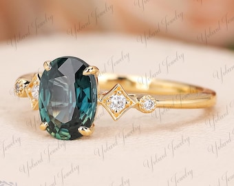 Anello di fidanzamento con zaffiro verde acqua Nautarl, diamante autentico, anello unico con zaffiro verde blu ovale, anello per anniversario di matrimonio in oro massiccio 14k/18k