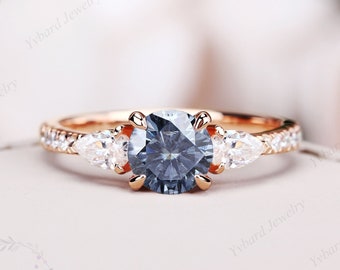 Vintage Blue Grey Moissanite Engagement Ring Solid 14K Rose Gold Art Deco Bridal Ring Three Stone Wedding Promise Rings Women Proposal Ring