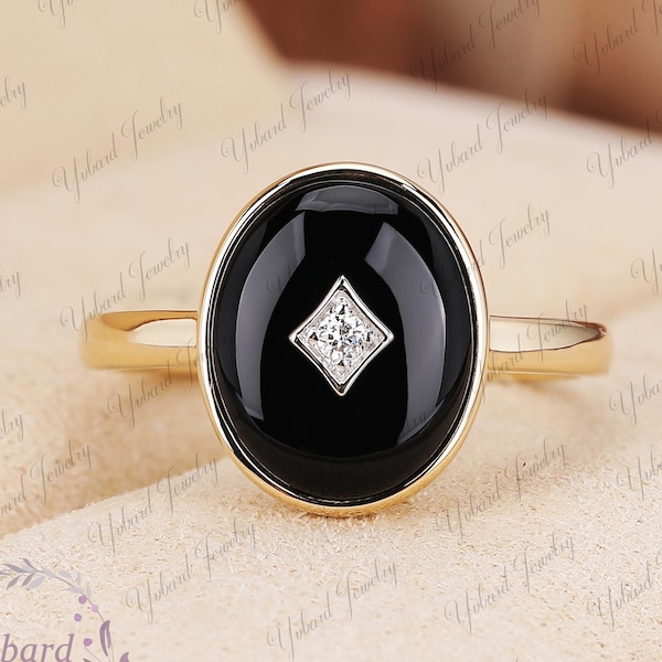 Natural Black Onyx Ring Vintage Real Diamond Solid 18K/14K/10K Two Tone Gold Art Deco Ring Handmade Ring Bridal Anniversary Gift Women Ring