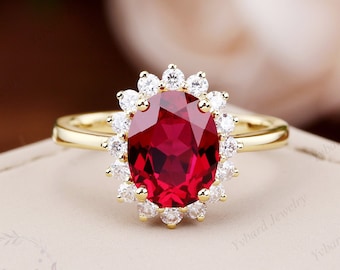 7*9mm Oval Red Ruby Ring Vintage Halo Moissanite Ring Solid Yellow Gold Engagement Ring Wedding Bridal Promise Anniversary Rings For Women