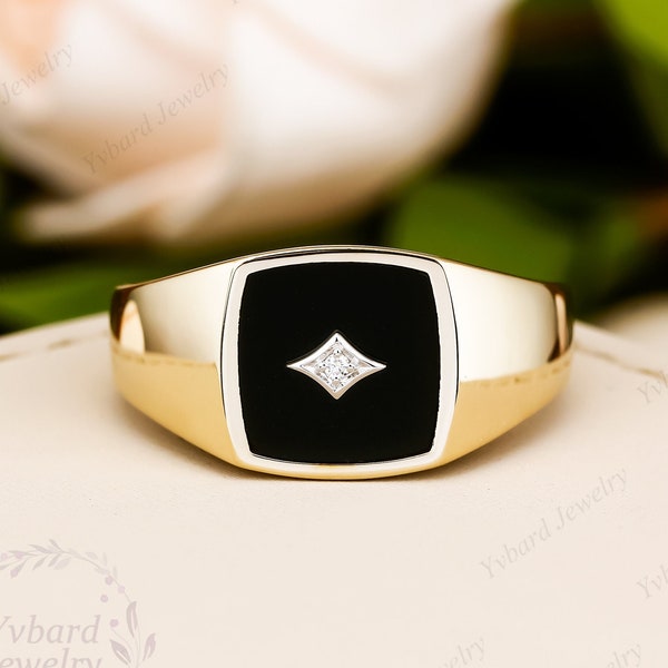 Sólido 14K dos tonos oro hombres banda boda banda minimalista anillo natural negro ónix anillo real diamante aniversario banda anillo nupcial para él regalo