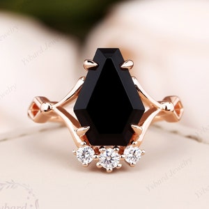 Coffin Shaped Natural Black Onyx Women Ring Rose Gold Silver Art Deco Ring Black Gemstone Statement Ring Antique Black Agate Engagement Ring