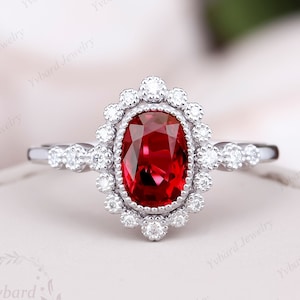 Oval Cut Ruby Engagement Ring Moissanite Halo Ring Solid White Gold Ring July Birthstone Wedding Ring Bridal Promise Ring Anniversary Ring