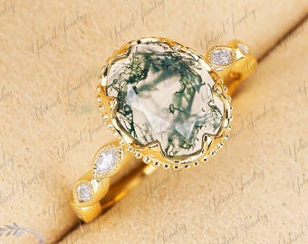 Vintage 8*10mm Moss Agate Engagement Ring Oval Cut Art Deco Milgrain Moissanite Ring Yellow Gold Ring Unique Promise Anniversary Ring Gifts