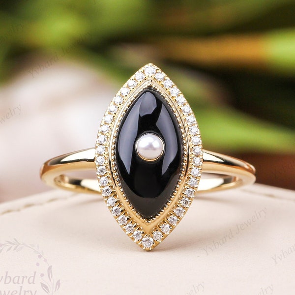 Vintage Black Onyx Engagement Ring Natural Pearl Art Deco Solid Yellow Gold Ring Unique Moissanite Halo Bridal Anniversary Rings For Women