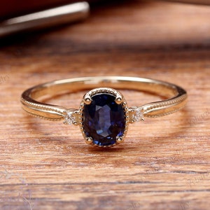 Oval Cut Lab Created Blue Sapphire Engagement Ring, Vintage 14K Yellow Gold Ring, Natural Diamond Wedding Bridal Promise Gift For Women