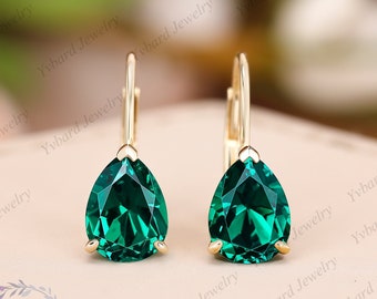 Pear Cut Green Emerald Earrings Solid 14K/18K Yellow Gold Minimalist Earrings Bridal Wedding Leverback Earrings Anniversary Gifts for Her