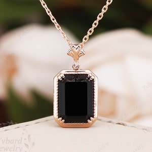 Vintage Black Onyx Pendant Necklace 14K/ 18K Solid Rose Gold Pendant Natural Black Agate Necklace Art Deco Anniversary Necklace Gift For Her