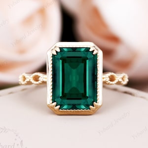 14k Solid Yellow Gold Vintage Emerald Engagement Ring, Emerald Cut Emerald Ring Women, Green Gemstone Solitaire Ring, Simple Statement Ring