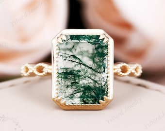 Emerald Cut Natural Moss Agate Engagement Ring, 18K/14K/10K Solid Yellow Gold Solitaire Ring, Dainty Ring, Vintage Wedding Anniversary Ring